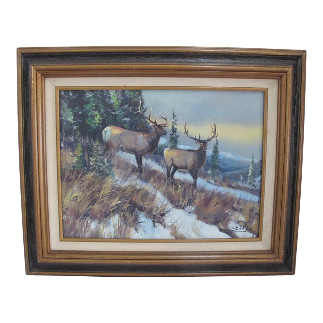 William Bill Bailey Montana Mountain Landscape 2 Bucks Framed Oil Painting For Sale