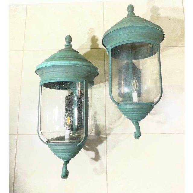 Turquoise Pair of Vintage Solid Brass Wall Lanterns /Sconces 26”x 12” X13” For Sale - Image 8 of 15