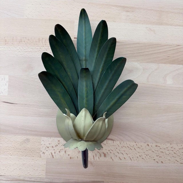 1960s Metal Wall Sconces With Lotus Flower Detail Italian Palm Leaf Candle Sconces- a Pair For Sale - Image 4 of 8