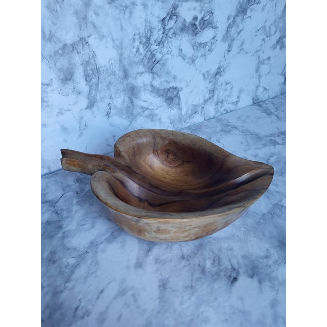 This is a circa. 1990s hand carved Iroko (also known as African Teak) partitioned leaf-shaped bowl. Perfectly safe for dry...