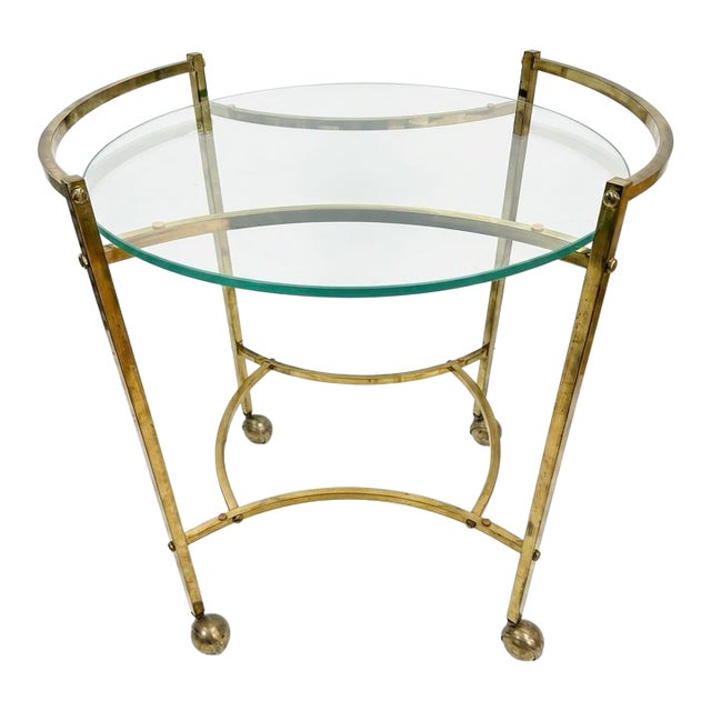 Mid Century Brass and Glass Oval Bar Cart Tea Cart on Castors For Sale
