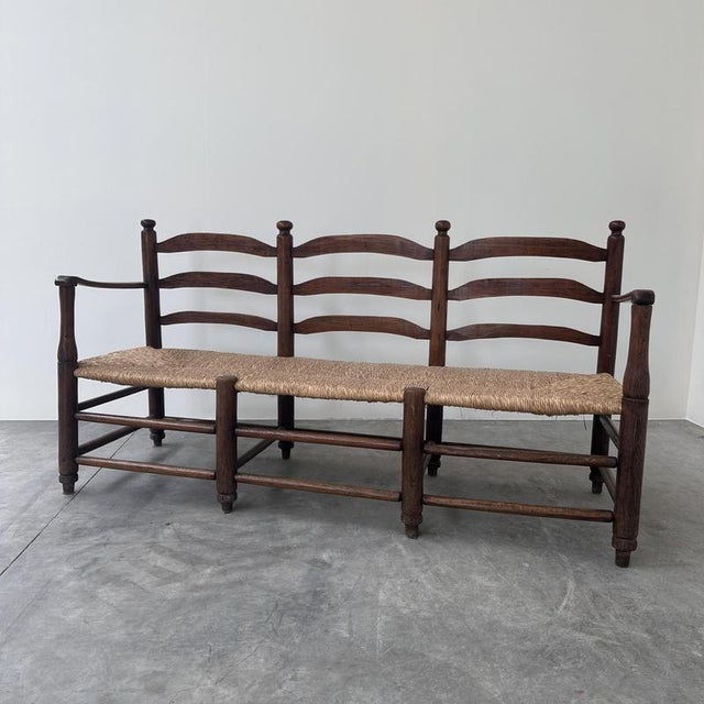 Antique French Provincial Radassier Bench in Oak with Rush Seat, France For Sale - Image 6 of 16