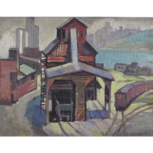 1910s Antique Wpa 1912 Oil Painting of Shipping Yard by Frank Culman For Sale - Image 5 of 9