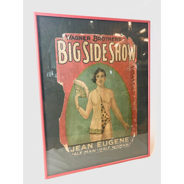 This is a salvaged advertisement for Jean Eugene, "Half Man, Half Woman," from the Wagner Brothers Big Side Show, from...
