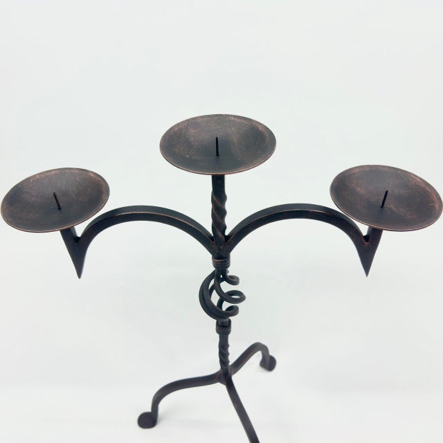 Hand Forged Iron Candelabra 23″ (58cm) Antique Copper Electrostatic Finish Wide Tabletop Centerpiece Decor For Sale - Image 6 of 8