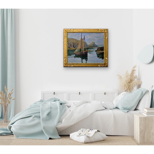 Achille Bron, A Small Boat in a Cove, La Côte Sauvage, 1920s, Oil on Canvas, Framed For Sale - Image 10 of 17