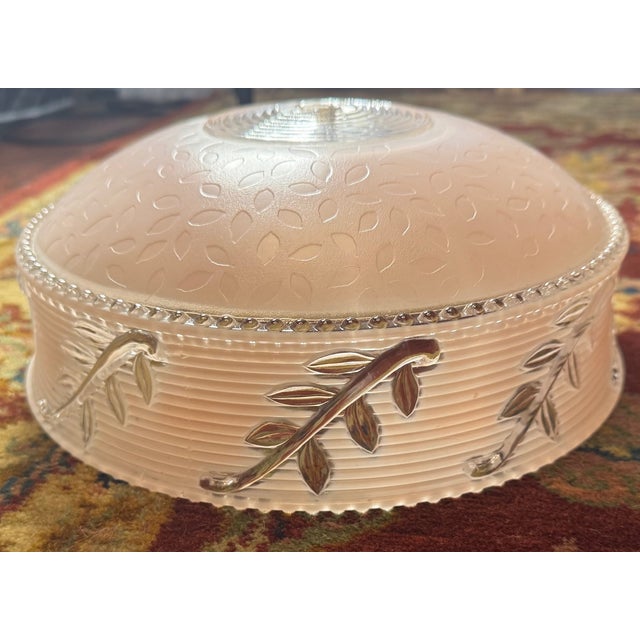 Vintage Frosted Glass Ceiling Light Shade With Applied Vine Motif – Beaded Rim Flush Mount, 10.3” For Sale - Image 4 of 11