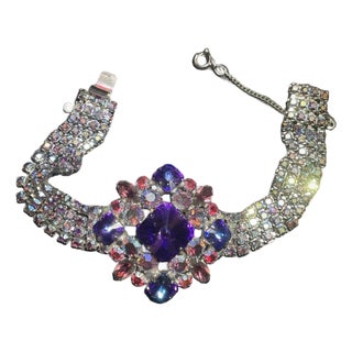 Vintage Juliana Deliza and Elster Style Purple Rhinestone 5-Link Cluster Bracelet, Aurora Borealis & Marquise For Sale