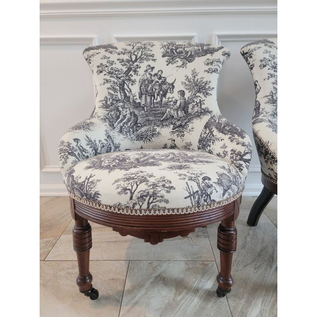 Ivory Antique Victorian Toile Upholstered Parlor Slipper Chairs on Casters – A Pair For Sale - Image 8 of 17