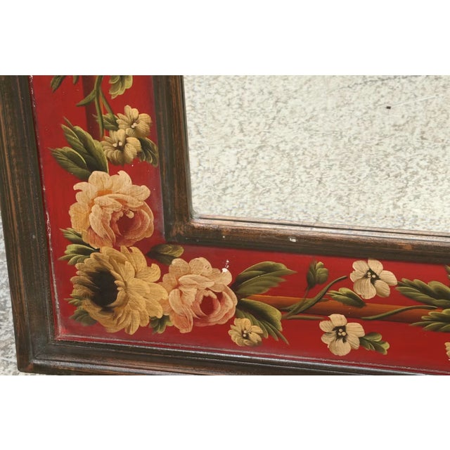 Wood Contemporary Folk Art Hand-Painted Wood Wall Mirror With Red Floral Border For Sale - Image 7 of 8