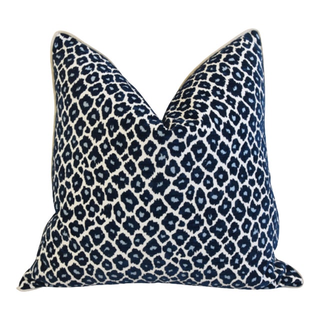 Blue Two-Tone Leopard Spot Chenille/Velvet Feather/Down Pillow 22" Square For Sale