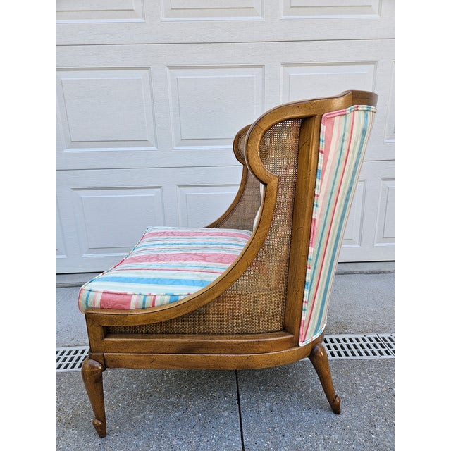 Mid-Century Modern Regency Style Caned and Upholstered Bergere Chair For Sale - Image 3 of 12