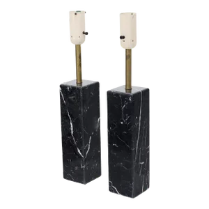 Pair of Mid 20th Century Square Pedestal Shape Black Marble and Brass Table Lamps