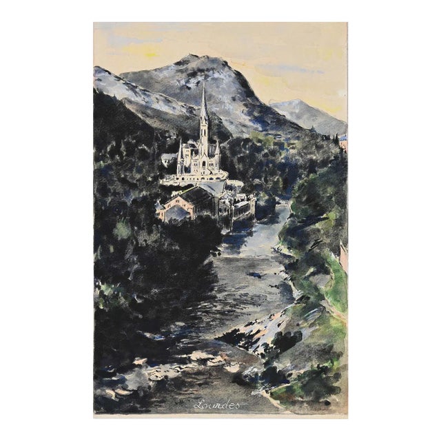 Lourdes, Original Watercolor and Tempera, Mid-20th Century For Sale