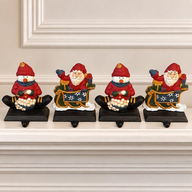 Red 1990s Cast Iron Santa and Snowman Cast Iron Stocking Holders, a Set of 4 For Sale - Image 8 of 8