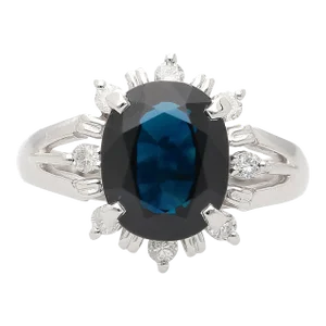 3.62 Carat Oval Blue Sapphire and Diamond Halo Platinum Split Ring Size 6.25