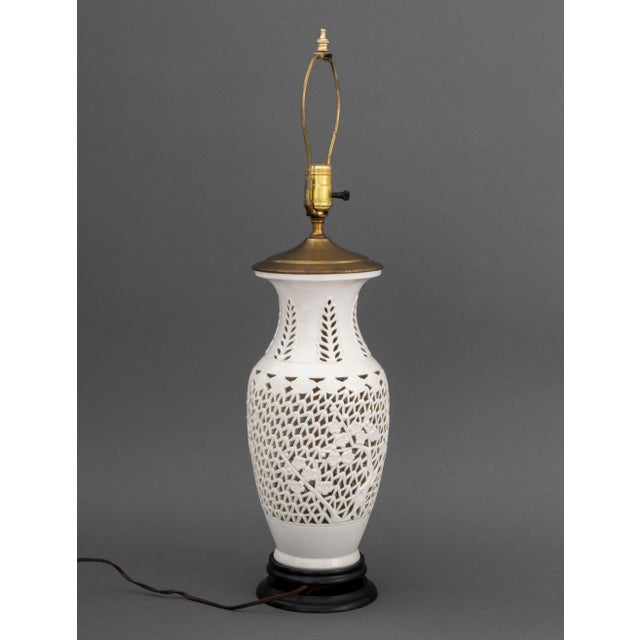 Wood Chinese Blanc De Chine Pierced Porcelain Table Lamp For Sale - Image 7 of 8