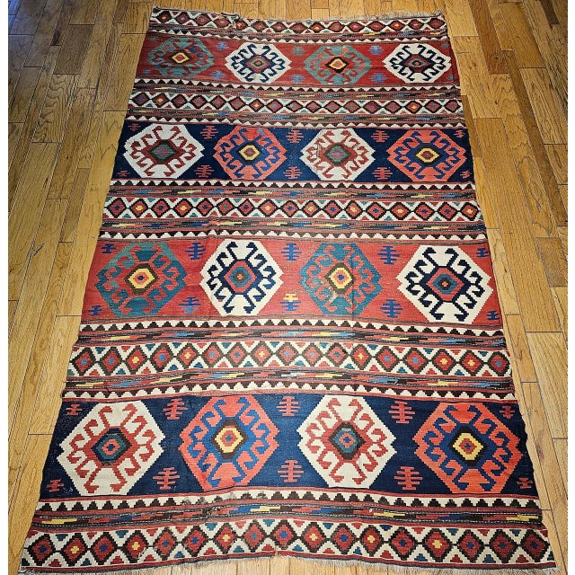19th Century Caucasian Kazak Kilim, Geometric Pattern, Wool Flatweave, Blue & Green, 7' X 12' For Sale - Image 12 of 18