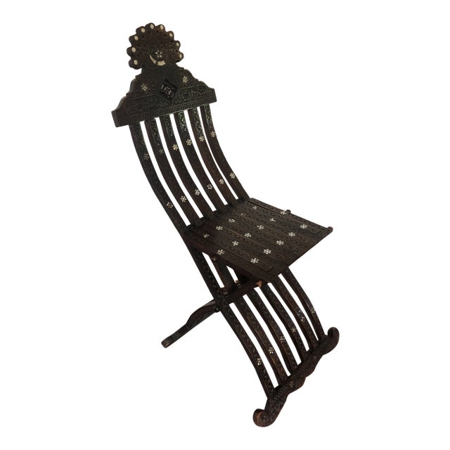 Antique Wood Moorish Syrian Folding Chair with Mother of Pearl Inlay For Sale