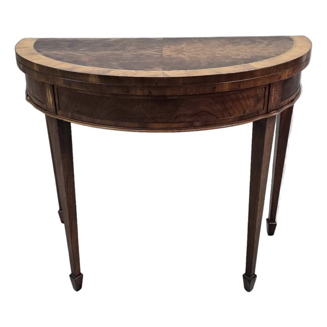 Vintage Federal Revival Style Flame Mahogany Folding Demilune Flip-Top Table For Sale