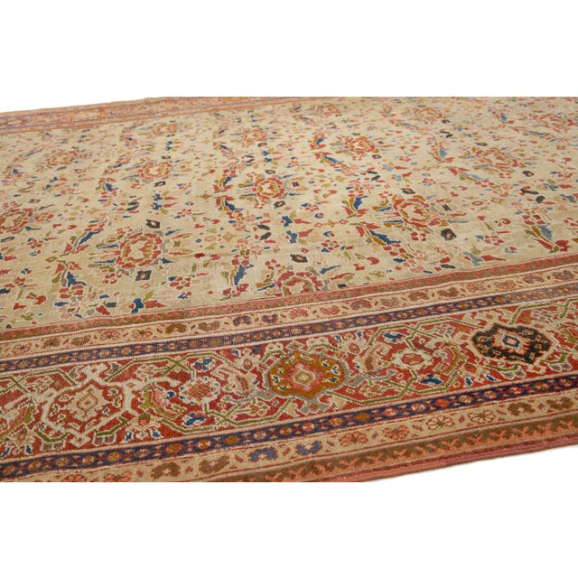 Antique Floral Sultanabad Hand-Knotted Wool Rug in Tan-Beige For Sale In New York - Image 6 of 10