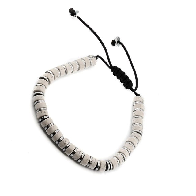 Asian Men's White Howlite & Silver Hematite Beaded Adjustable Bracelet For Sale - Image 3 of 7