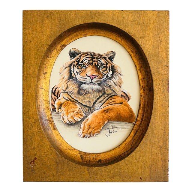 Original Realist Tiger Painting in an Antique Italian Giltwood Frame For Sale