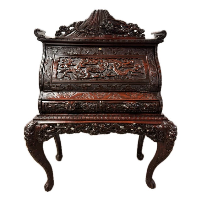 Early 20th Century Heavily Carved Japanese/Asian Secretary Desk With Volcanos and Dragons For Sale