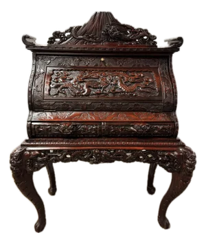 Early 20th Century Heavily Carved Japanese/Asian Secretary Desk With Volcanos and Dragons