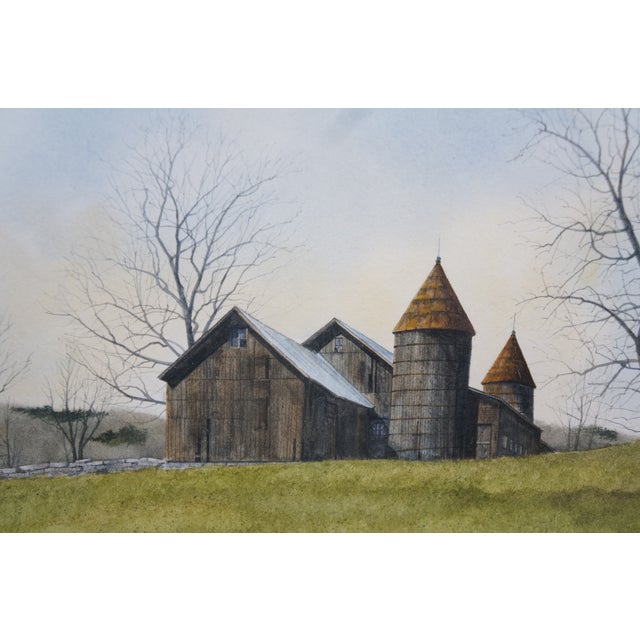 Paint Thomas Puschock Farmhouse Barn Country Landscape Watercolor Painting 28" For Sale - Image 7 of 12
