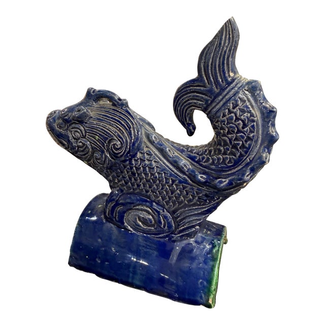 Antique Chinese Glazed Ceramic Roof Tile Fish Guardian Qing Dynasty 9in For Sale