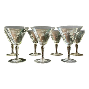 Vintage Willow Moon Champagne Glasses, Set of 7 - By Pioneer - Mid Century Etched Crystal Sparkling Wine Coupes
