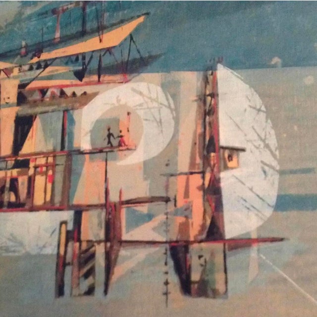 Wood Mid Century Modern Aerial City Serigraph on Board Dated 1958 For Sale - Image 7 of 9