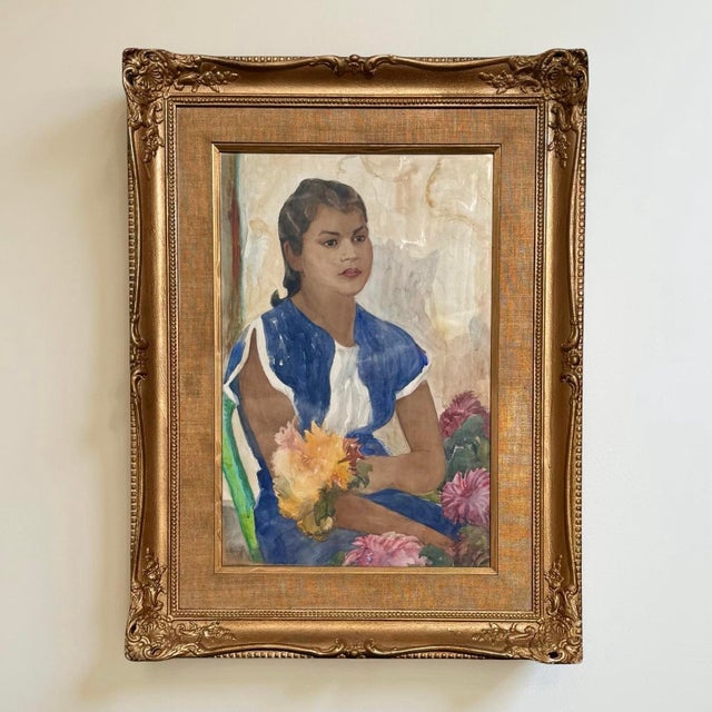 Portraiture Early 20th Century Henri De Kruif Antique Watercolor Portrait of Woman With Flowers W/ Ornate Gold Frame For Sale - Image 3 of 8