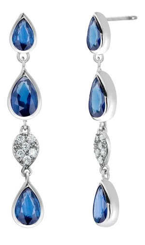 14 Karat White Gold Triple Tiered Sapphire and Diamond Hanging Drop Earrings - 2 Pieces