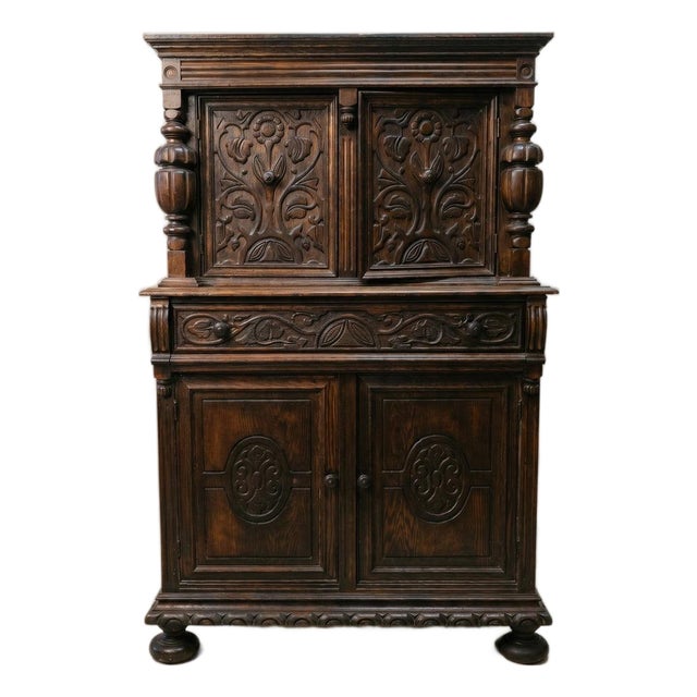Early 20th Century Carved Oak Jacobean Revival Cabinet For Sale