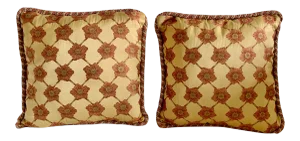 Custom Gold and Apricot Pink Floral Luxury Pillows With Fringe - a Pair
