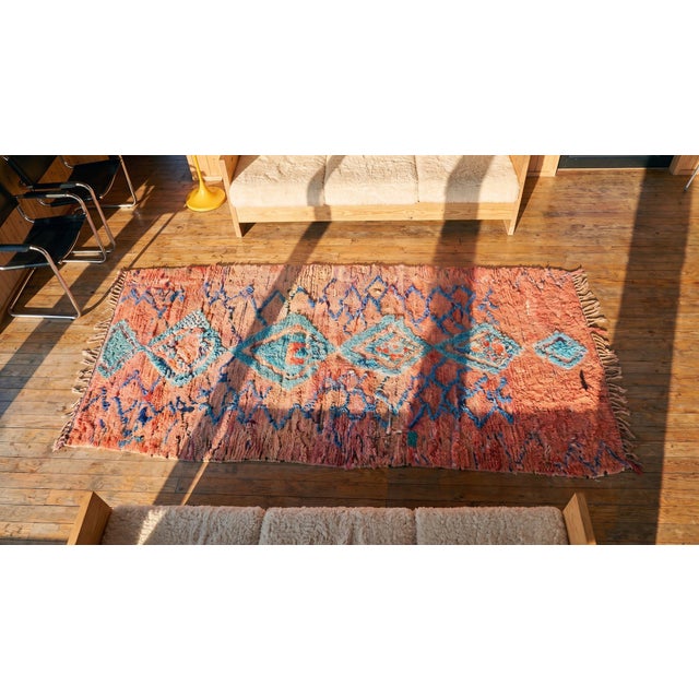 Textile 1940s Pink Blush Diamond Vintage Moroccan Boucherouitte Rug 4' X 9'6" Handknotted Wool Carpet For Sale - Image 7 of 8