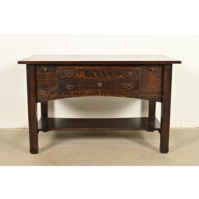 Mission Stickley Brothers Style Antique Mission Oak Arts & Crafts Desk or Library Table, Circa 1910 For Sale - Image 3 of 18