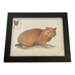 Watercolor Cat Portrait With Stamp Painting For Sale
