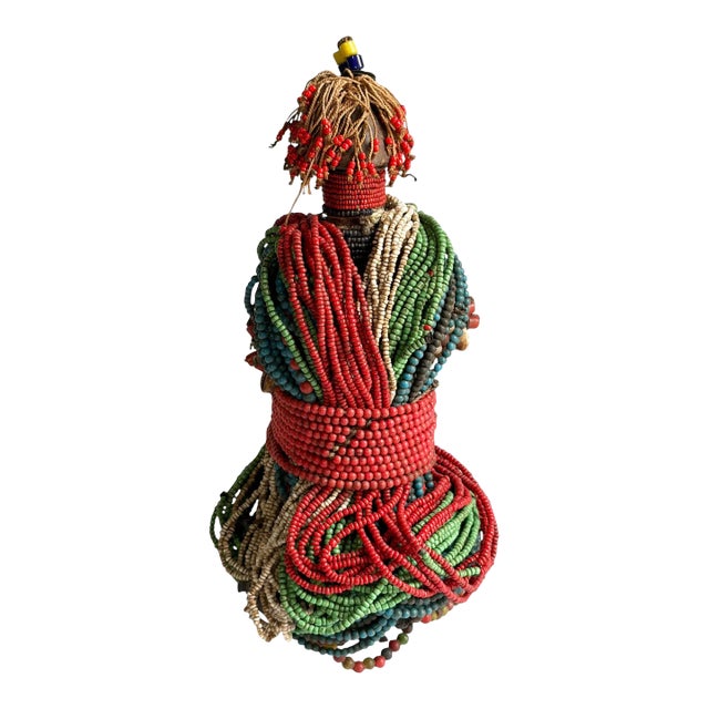 Superb vintage African Namji fertility doll decorated with multiple layers of trade glass beads and cowrie shells, minor...