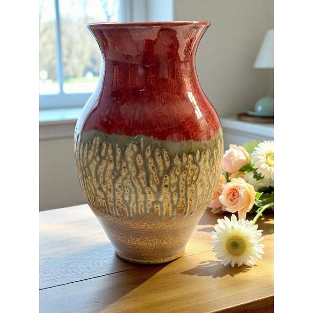Late 20th Century Ray Pottery Drip Glaze Vase North Carolina Studio Art-Red Green Brown-Ceramic For Sale - Image 4 of 8