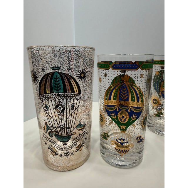 1950s Mid-Century Modern Signed Georges Briard 22k Gold Hot Air Balloon Cocktail Set Pitcher & 7 Glasses - 8pcs For Sale - Image 9 of 12