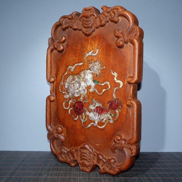 Brown Vintage Chinese Huali Rosewood Mother-of-Pearl Inlaid "Qilin & Brocade Ball" Carved Tea Tray For Sale - Image 8 of 9