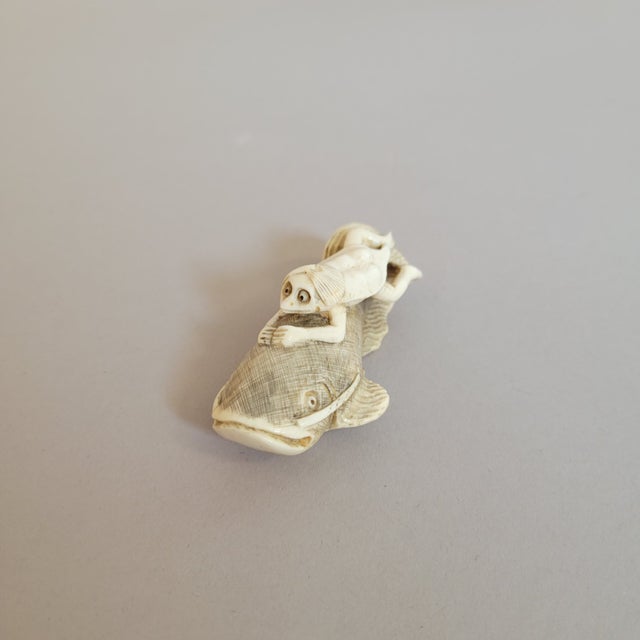 Late 19th Century Japanese Bone Netsuke of Kappa Riding a Catfish, Meiji Period For Sale - Image 5 of 9