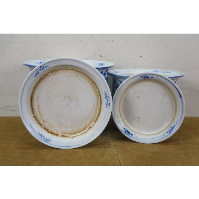 Early 20th Century Early 20th Century 2 Chinese Chinoiserie Blue & White Lotus Flower Planters Cachepots Jardinières For Sale - Image 5 of 16