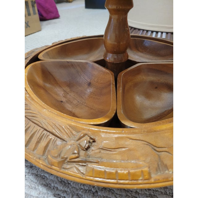 Vintage Carved 3 Tiered Teak Wood Pineapple Top Lazy Susan Tower Serving Bowl For Sale - Image 10 of 11