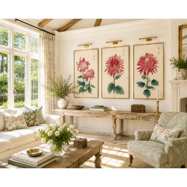 Red Chrysanthemum Triptych, Vintage Japanese Botanical Art Prints (Set of 3), 24" X 36" For Sale In Buffalo - Image 6 of 9