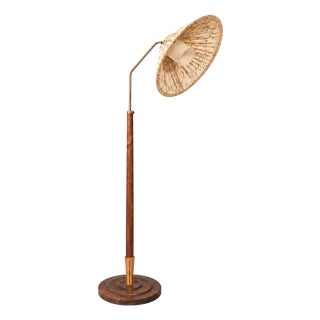1950s Mid-Century Modern Double Shade Floor Lamp, Wood, Metal, Fabric For Sale