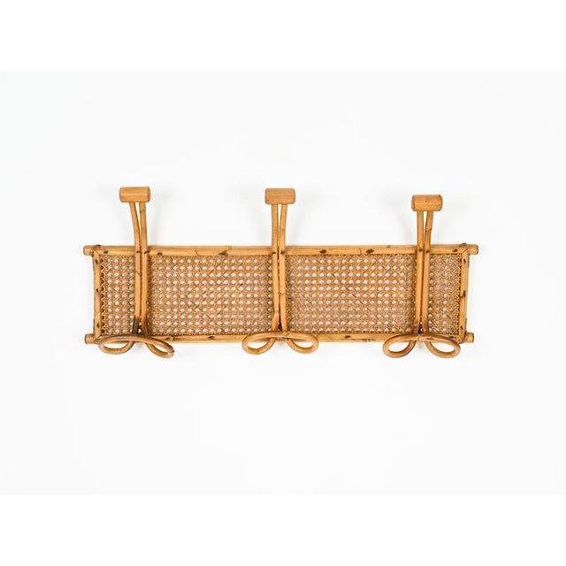 Mid-Century Modern Vintage French Riviera Rattan and Bamboo Canes Wicker Coat Rack, 1960s For Sale - Image 3 of 16